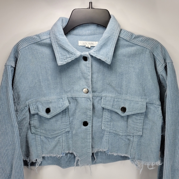 12th Tribe Cropped Corduroy Button Jacket Raw Hem Womens Small S Blue Trucker - Picture 2 of 10